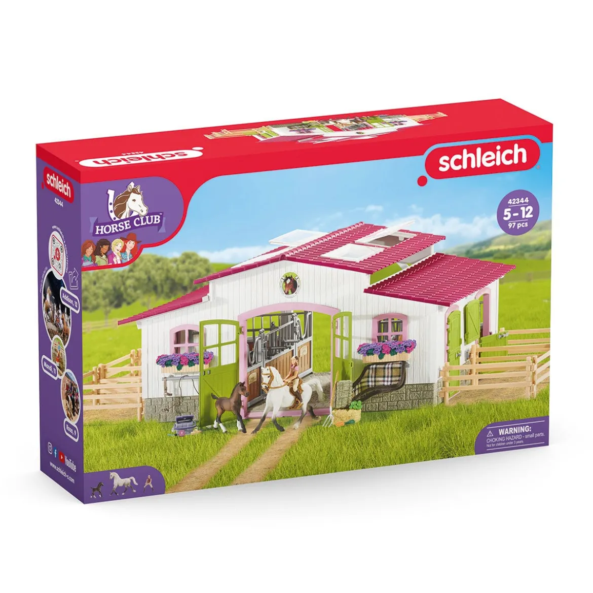 Centre équestre avec cavalière, chevaux et accessoires