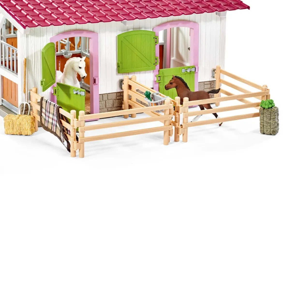 Centre équestre avec cavalière, chevaux et accessoires
