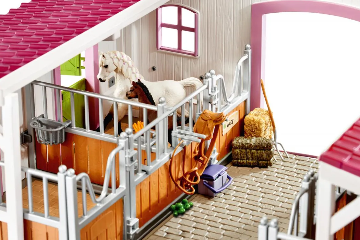 Centre équestre avec cavalière, chevaux et accessoires